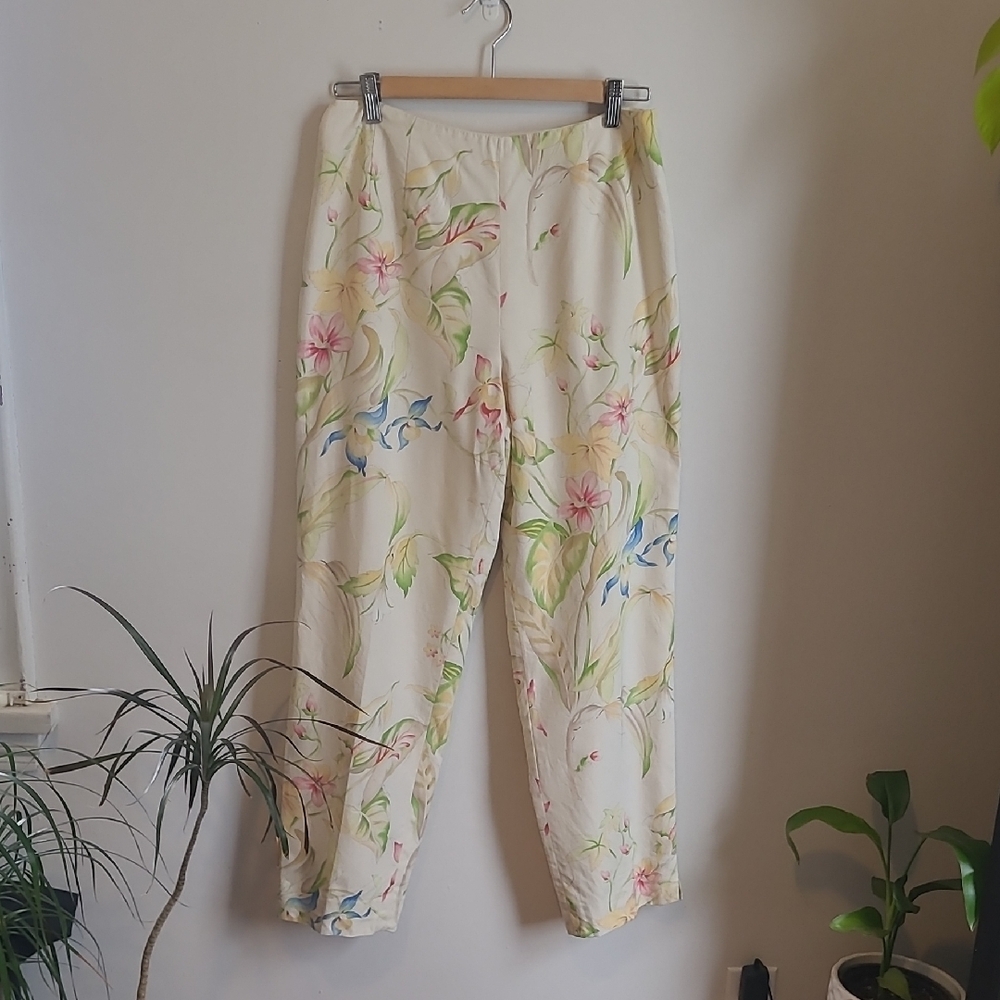 Cream and Pink Floral Wide-Leg Trousers